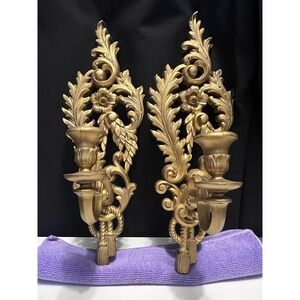 Vintage Gold Ornate Floral Wall Sconce Candle Holders Pair Hollywood Regency